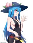  1girl bare_arms black_dress blue_hair blue_headwear breasts collarbone dress grin hair_over_shoulder hat highres hinanawi_tenshi long_hair looking_at_viewer one_eye_closed red_eyes shiny shiny_hair side_slit sideboob simple_background sleeveless sleeveless_dress small_breasts smile solo straight_hair sun_hat touhou twitter_username very_long_hair waving white_background yoshinatsu 