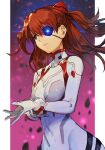  1girl bangs blue_eyes bodysuit breasts covered_navel evangelion:_3.0+1.0_thrice_upon_a_time eyepatch hair_between_eyes hair_ornament hankuri long_hair medium_breasts neon_genesis_evangelion orange_hair pilot_suit plugsuit rebuild_of_evangelion solo souryuu_asuka_langley white_bodysuit 