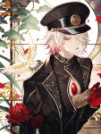  1boy absurdres alternate_hairstyle bird bishounen black_jacket blue_eyes chest_jewel commentary eyeshadow fate/grand_order fate_(series) flower gem gloves gradient_hair hair_over_one_eye hand_up hat highres holding holding_paper jacket karna_(chaldea_express)_(fate) karna_(fate) looking_at_viewer makeup male_focus multicolored_hair official_alternate_costume pale_skin paper petals red_eyeshadow red_flower red_gloves redhead short_hair solo sqloveraven two-tone_hair upper_body white_hair 