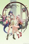  2girls animal_ears arknights blue_hair breasts ch&#039;en_(arknights) china_dress chinese_clothes dragon_girl dragon_horns dragon_tail dress hair_ornament hand_fan hanfu highres holding holding_fan horns lin_yuhsia_(arknights) long_hair looking_at_viewer mouse_ears mouse_girl multiple_girls pink_eyes red_eyes tail twintails white_hair zhaitengjingcang 