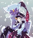  1boy black_coat black_headwear black_pants closed_eyes coat collared_shirt commentary_request grey_hair hat high_collar hug hug_from_behind ingo_(pokemon) male_focus necktie outdoors pants parted_lips pokemon pokemon_(creature) pokemon_(game) pokemon_legends:_arceus shion_(garrcys) shirt short_hair sideburns sitting sneasler snowing unconscious white_shirt 