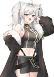  1girl absurdres ahoge animal_ear_fluff animal_ears bangs black_shirt black_skirt blush brown_jacket cowboy_shot ear_piercing eyebrows_visible_through_hair fur-trimmed_jacket fur_trim grey_eyes highres hololive jacket lion_ears long_hair looking_at_viewer midriff navel neko_lu_(wofud453) open_clothes open_jacket open_mouth piercing shirt shishiro_botan silver_hair simple_background skirt sleeveless sleeveless_shirt solo standing twintails virtual_youtuber white_background 