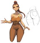  1girl aeyga ass breasts brown_eyes brown_hair brown_pants cheetah_print cropped_legs english_commentary federica_(sonic_world_adventure) large_breasts multiple_views open_hands pants ponytail sketch smile sonic_(series) sonic_world_adventure tank_top thick_thighs thighs white_background 