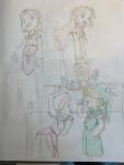  1boy 1girl blonde_hair blue_eyes brown_hair child colored_pencil_(medium) dress dual_persona green_hood highres icy jewelry link long_hair navi open_mouth pointy_ears princess_zelda short_hair the_legend_of_zelda the_legend_of_zelda:_ocarina_of_time traditional_media triforce triforce_print tunic white_dress 