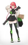  1girl absurdres artist_request bag breasts green_hair gun highres large_breasts long_hair multicolored_hair one_eye_closed original redhead remington_870 shoes shopping_bag shotgun skirt solo streaked_hair sweater thigh-highs two-tone_hair weapon 