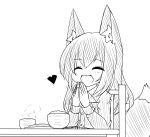  1girl :d ^_^ animal_ear_fluff animal_ears bangs blush bowl chopsticks closed_eyes collared_shirt dress_shirt eyebrows_visible_through_hair fox_ears fox_girl fox_tail greyscale hair_between_eyes hands_up heart kanijiru long_hair long_sleeves monochrome original palms_together rice rice_bowl shirt simple_background sitting smile solo steam tail white_background 