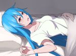  1girl bangs bed_sheet blue_hair breasts collarbone hair_between_eyes highres hinanawi_tenshi long_hair lying on_back on_bed open_mouth pillow red_eyes shiny shiny_hair shirt short_sleeves small_breasts solo straight_hair t-shirt touhou under_covers very_long_hair white_shirt yoshinatsu 
