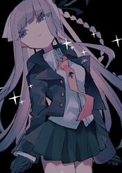  1girl absurdres bangs black_background black_gloves black_jacket black_ribbon braid breasts closed_mouth collared_shirt danganronpa:_trigger_happy_havoc danganronpa_(series) eyebrows_visible_through_hair gloves grey_shirt hair_ribbon highres jacket kirigiri_kyouko long_hair long_sleeves looking_to_the_side manaita_no_sake medium_breasts miniskirt open_clothes open_jacket pleated_skirt purple_hair ribbon shirt single_braid skirt solo sparkle violet_eyes 