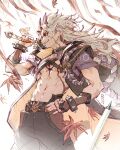  1boy abs arataki_itto bangs body_markings commentary genshin_impact gloves horns japanese_clothes jewelry long_hair makohouse male_focus multicolored_hair navel oni oni_horns open_mouth red_eyes smile spikes white_hair 