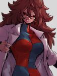  1girl android_21 black_sclera breasts checkered_clothes checkered_dress colored_sclera dragon_ball dragon_ball_fighterz dress earrings grey_background hair_between_eyes hoop_earrings jewelry kemachiku labcoat long_hair looking_at_viewer medium_breasts red_eyes simple_background smile solo 