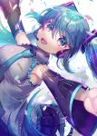  1girl :d bangs blue_eyes blue_hair blue_necktie confetti detached_sleeves eyebrows_visible_through_hair grey_shirt hatsune_miku headset highres long_hair looking_at_viewer necktie open_mouth outstretched_arms raymond_busujima shirt simple_background smile solo tattoo twintails upper_body vocaloid white_background 