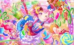 1girl blush candy cupcake donut dress drink food_on_face holding_food lollipop looking_at_viewer musical_note official_art ootori_emu pink_eyes pink_hair project_sekai short_hair smile solo sprinkles wink