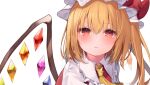  1girl ascot blonde_hair blush bow crystal eyebrows_visible_through_hair face flandre_scarlet frilled_shirt_collar frills from_above frown hair_between_eyes hair_bow hat komomo_(ptkrx) looking_at_viewer medium_hair mob_cap one_side_up red_bow red_vest solo touhou upper_body vest wings yellow_ascot 
