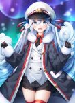  1girl :d aurora bangs black_jacket black_necktie black_shorts blue_eyes blue_hair blush collared_shirt fur-trimmed_jacket fur_trim hair_between_eyes hat hatsune_miku highres jacket long_hair looking_at_viewer murano necktie night night_sky open_clothes open_jacket outdoors peaked_cap red_shirt shirt short_shorts shorts silver_hair sky smile snowflakes solo star_(sky) starry_sky striped striped_legwear thigh-highs twintails very_long_hair vest vocaloid white_headwear white_vest 