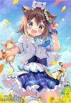  &gt;_&lt; 1girl :3 :d animal_ear_fluff animal_ears animal_on_head bangs blue_necktie blue_skirt blue_sky blurry blurry_foreground blush brown_hair cat cat_ears cat_girl cat_tail closed_eyes closed_mouth clouds cloudy_sky commentary_request day depth_of_field eyebrows_visible_through_hair fangs fish_hair_ornament flower flower_wreath frilled_jacket frilled_skirt frills fumino_tamaki green_eyes ground_vehicle hair_between_eyes hair_ornament jacket looking_at_viewer necktie nijisanji on_head open_clothes open_jacket outdoors pan_(mimi) pink_flower pleated_skirt shirt short_sleeves skirt sky smile solo striped_tail tail train virtual_youtuber white_flower white_jacket white_shirt yellow_flower 