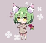  1girl animal_ear_fluff animal_ears bangs barefoot blush braid breasts brown_hoodie cat_ears chibi commentary_request drawstring eyebrows_visible_through_hair floral_background full_body green_hair grey_background hair_between_eyes hair_ornament highres hood hood_down hoodie long_hair long_sleeves medium_breasts milkpanda notice_lines parted_lips rina_(unless_terminalia) short_eyebrows single_braid sleeves_past_fingers sleeves_past_wrists solo standing striped thick_eyebrows unless_terminalia yellow_eyes 