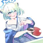  1girl :d animal_ears ball blue_archive halo highres holding holding_paddle japanese_clothes kandake kimono light_green_hair looking_at_viewer official_alternate_costume open_mouth paddle playing shigure_(blue_archive) short_hair simple_background smile solo table_tennis_ball table_tennis_paddle weasel_ears white_background yukata 