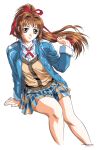  1990s_(style) 1girl aoki_chisa bangs blue_jacket brown_eyes brown_hair cardigan copyright cropped_legs doukoku_soshite high_ponytail highres jacket long_hair long_sleeves looking_at_viewer miniskirt non-web_source official_art plaid plaid_skirt retro_artstyle ribbon school_uniform simple_background skirt smile solo white_background yokota_mamoru 