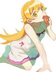  1girl bangs bare_shoulders barefoot blonde_hair blurry doughnut dress fang food highres holding holding_food long_hair looking_at_viewer monogatari_(series) nisemonogatari open_mouth oshino_shinobu white_dress yellow_eyes yo_period 