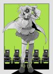  1girl ahoge alcohol arknights border dress_shirt drone dslr floating_clothes full_body green_background grey_border greyscale hands_up highres jacket lens_(arknights) long_sleeves monochrome necktie open_clothes open_jacket oripathy_lesion_(arknights) outside_border pleated_skirt scene_(arknights) shirt shoes short_hair side_ponytail simple_background single_sock single_thighhigh skirt socks solo spot_color straight-on taking_picture thigh-highs thigh_strap wine yonezoudazo 