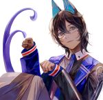  1boy arjuna_(fate) arjuna_alter_(fate) arjuna_alter_(student_council_president)_(fate) black_eyes black_hair blue_horns blue_jacket blue_necktie daeraeband dark-skinned_male dark_skin fate/grand_order fate_(series) glasses glowing_horns hair_between_eyes highres horns indian_clothes jacket light_smile long_sleeves looking_at_viewer male_focus necktie official_alternate_costume paw_pose short_hair simple_background sleeves_past_wrists smile solo tail white_background 