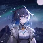  1girl :o ahoge arknights black_hair blue_eyes blue_hair coat eyebrows_visible_through_hair hair_between_eyes jewelry kjera_(arknights) moon mountain multicolored_hair necklace night night_sky oldercat outdoors short_hair sky snowflakes snowing solo streaked_hair upper_body white_coat wind 