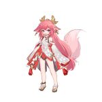  1girl absurdres animal_ears bangs child closed_mouth earrings flip-flops fox_ears fox_tail genshin_impact gohei hair_ornament highres holding japanese_clothes jewelry long_hair long_sleeves looking_at_viewer nontraditional_miko pink_eyes pink_hair sandals shio_(7203802) smile solo tail toes violet_eyes white_background yae_miko younger 