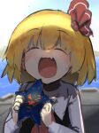  1girl ascot bangs black_vest blonde_hair blurry blurry_background blush closed_eyes eyebrows_visible_through_hair fangs gomeifuku hair_between_eyes hair_ribbon hands_up happy highres holding holding_star long_sleeves open_mouth red_ascot red_ribbon ribbon rumia short_hair skin_fangs solo star_(symbol) touhou upper_body vest 