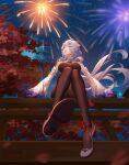  1girl absurdres bell black_gloves black_legwear blue_hair bow breasts detached_sleeves fireworks from_below ganyu_(genshin_impact) genshin_impact gloves gold_trim high_heels highres horns long_hair looking_at_another looking_to_the_side low_ponytail medium_breasts neck_bell night night_sky open_mouth pantyhose sitting sky smile solo star_(sky) starry_sky tassel thighlet thighs tree very_long_hair violet_eyes white_sleeves wide_sleeves yunduan 