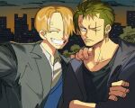  2boys ^_^ ^o^ blonde_hair closed_eyes crossed_arms green_hair grin hair_over_one_eye jacket male_focus multiple_boys one_piece outdoors roronoa_zoro runa_(artist) sanji scar scar_across_eye smile 