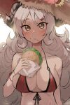  1girl bikini blue_archive blush breasts burger demon_horns flower food food_on_face front-tie_top hair_ornament hairclip hat hat_flower highres holding holding_food horns izumi_(blue_archive) large_breasts light_brown_hair long_hair looking_at_viewer red_bikini roly_loli simple_background sketch solo straw_hat sun_hat swimsuit upper_body very_long_hair wavy_hair white_background yellow_eyes 