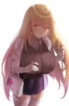  +_+ 1girl bag bangs blonde_hair blue_skirt blurry blurry_background blush breasts brown_eyes commentary_request dot_nose elbow_gloves eyebrows_visible_through_hair eyes_visible_through_hair feet_out_of_frame gloves hair_between_eyes handbag highres long_hair looking_at_viewer looking_to_the_side pleated_skirt saise_chisa shokuhou_misaki short_sleeves sidelocks simple_background skirt solo star_(symbol) thick_thighs thigh-highs thighs toaru_kagaku_no_railgun toaru_majutsu_no_index tsurime very_long_hair white_background white_gloves wing_collar zettai_ryouiki 