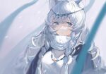  1girl animal_ears arknights black_cape blurry braid breasts cape depth_of_field grey_eyes leopard_ears long_hair looking_at_viewer pramanix_(arknights) side_braids solo sweater tiara turtleneck turtleneck_sweater upper_body white_hair white_sweater yincha 