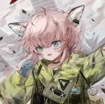  1girl alternate_costume animal_ear_fluff animal_ears arknights bandaid bandaid_on_face blue_eyes blue_gloves camouflage camouflage_jacket debris dirty dirty_face fox_ears gloves green_jacket grey_background jacket long_sleeves open_mouth pink_hair solo spacelongcat sussurro_(arknights) upper_body 
