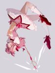  1girl bow bow_(weapon) bubble_skirt choker gloves hair_bow highres kaname_madoka kneehighs magical_girl mahou_shoujo_madoka_magica pink_eyes pink_hair red_bow ribbon short_hair short_twintails simple_background skirt solo twintails weapon white_gloves white_legwear 