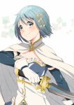  1girl absurdres blue_eyes blue_hair cape gloves hair_ornament hairclip highres holding holding_sword holding_weapon magical_girl mahou_shoujo_madoka_magica miki_sayaka musical_note_hair_ornament short_hair smile solo sword weapon white_gloves 