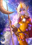  1girl blush breasts celestial_background celestial_being female female_only gloves horn league_of_legends long_hair nekoyasha_hime pointy_ears ponytail purple_skirt solo soraka staff standing weapon white_hair wide_hips yellow_eyes 