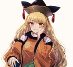  1girl bangs black_headwear blonde_hair blush breasts brown_headwear cape closed_mouth constellation constellation_print detached_sleeves eyebrows_visible_through_hair eyelashes green_skirt hair_between_eyes hand_on_own_face hand_up hat long_hair long_sleeves looking_to_the_side matara_okina medium_breasts moshihimechan orange_cape orange_eyes pom_pom_(clothes) shirt sitting skirt smile solo touhou white_shirt wide_sleeves 