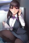  1girl bra bra_peek breasts brown_hair fate/grand_order fate_(series) fingernails glasses highres large_breasts long_hair murasaki_shikibu_(fate) murasaki_shikibu_(good_job!)_(fate) office_lady pantyhose paper sezok squatting underwear violet_eyes 