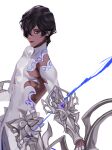  1boy alternate_costume arjuna_(fate) bishounen black_eyes black_hair bow_(weapon) daeraeband dark-skinned_male dark_skin detached_sleeves expressionless fate/grand_order fate_(series) gloves hair_between_eyes hair_over_one_eye holding holding_bow_(weapon) holding_weapon indian_clothes korean_commentary looking_at_viewer male_focus short_hair simple_background solo upper_body weapon white_gloves 