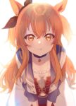  1girl :t bangs blush choker closed_mouth ear_ribbon eyebrows_visible_through_hair hair_between_eyes long_hair looking_at_viewer mayano_top_gun_(umamusume) navel orange_eyes orange_hair pout ribbon rinto_(rint_rnt) sidelocks simple_background solo two_side_up umamusume upper_body very_long_hair white_background 