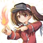  1girl brown_eyes brown_hair commentary_request fire flame highres japanese_clothes kantai_collection kariginu red_shirt ryuujou_(kancolle) shirt simple_background smile solo twintails upper_body visor_cap white_background yashin_(yasinz) 