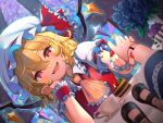  1girl :d \||/ ascot bangs black_footwear blonde_hair blue_flower blue_rose blurry blush bouquet cake cake_slice chikuwa0u0 crystal cup depth_of_field doll dutch_angle eyebrows_visible_through_hair fangs fisheye flandre_scarlet flower food frilled_shirt_collar frills from_below hair_between_eyes hand_on_own_cheek hand_on_own_face hat head_rest head_tilt highres indoors light_particles looking_at_viewer mary_janes medium_hair mob_cap one_side_up open_mouth pointy_ears pov pov_hands red_eyes red_vest rose shoes smile solo spoon stained_glass steam table tea teacup teeth touhou upper_body upper_teeth vase vest white_headwear window wings wrist_cuffs yellow_ascot 