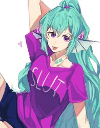  1girl aqua_hair arm_up black_shorts clothes_writing collarbone finana_ryugu head_fins heart highres long_hair looking_at_viewer mei_(adomanju) nijisanji nijisanji_en ponytail purple_shirt shirt short_sleeves shorts simple_background slut_shirt solo tongue tongue_out violet_eyes white_background 