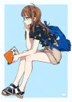  1girl backpack bag bangs book brown_hair commentary_request full_body glasses highres holding holding_book invisible_chair jewelry keishin original ring sandals shirt short_sleeves shorts sitting thumb_ring 