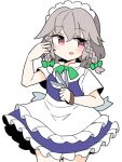  1girl bangs bow braid cowboy_shot eyebrows_visible_through_hair green_bow grey_hair hair_bow holding holding_knife ini_(inunabe00) izayoi_sakuya knife looking_at_viewer maid maid_headdress open_mouth red_eyes short_sleeves side_braids simple_background smile solo standing touhou twin_braids white_background 
