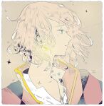  1boy artist_name blonde_hair blue_eyes coat earrings english_text from_side howl_(howl_no_ugoku_shiro) howl_no_ugoku_shiro jewelry long_eyelashes male_focus open_clothes open_coat open_collar profile short_hair simple_background solo solo_focus star_(symbol) studio_ghibli tofuvi 