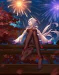  1girl absurdres bell black_gloves black_legwear blue_hair bow breasts detached_sleeves feet fireworks from_below ganyu_(genshin_impact) genshin_impact gloves gold_trim highres horns long_hair looking_at_another looking_to_the_side low_ponytail medium_breasts neck_bell night night_sky open_mouth pantyhose sitting sky smile soles solo star_(sky) starry_sky tassel thighlet thighs toes tree very_long_hair violet_eyes white_sleeves wide_sleeves yunduan 