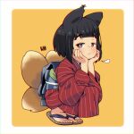  1girl animal_ears bangs black_hair border closed_mouth flip-flops fox_ears fox_girl fox_tail full_body japanese_clothes kimono long_sleeves looking_at_viewer mawaru_(mawaru) original red_kimono sandals short_hair solo squatting tail toes violet_eyes white_border yellow_background 