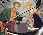  2boys apron arguing blonde_hair clenched_teeth frying_pan green_hair hair_over_one_eye holding holding_frying_pan holding_sword holding_weapon indoors male_focus multiple_boys one_piece roronoa_zoro runa_(artist) sanji sword teeth weapon 